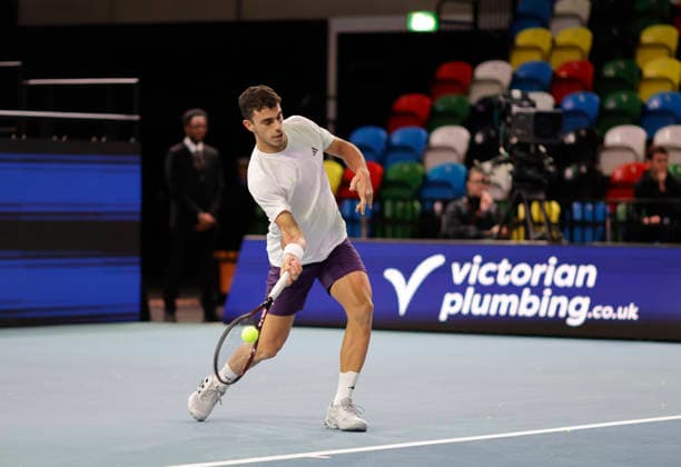 5th December 2025; Copper Box Arena, London, England; Victorian Plumbing UTS London Grand Final Tennis, Day One; Francisco Cerundolo practices ahead of his match  HongboxChen
