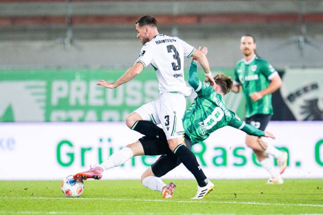 05 12 2025 Soccer, 2025 2026, 2 Bundesliga, 15 Matchday, SC Preußen Münster Hannover 96 L R Paul Jaeckel Münster , Joshua Mees Münster DFL REGULATIONS PROHIBIT ANY USE OF PHOTOGRAPHS AS IMAGE SEQUENCES AND OR QUASI VIDEO