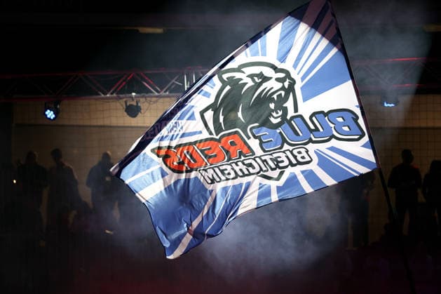 05 12 2025, Germany, Bietigheim, Handball 2 Bundesliga, SG BBM Bietigheim vs HC Oppenweiler Backnang, Flag, Flag Blue Reds Bietigheim