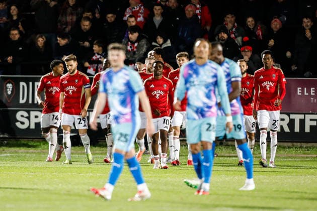 Salford City v Leyton Orient Emirates FA Cup Salford City players celebrate their teams first goal and y of Leyton Orient during the Emirates FA Cup match at Peninsula Stadium, Salford 05 12 2025 UK Newspapers OUT Copyright: xMaxxTomlinsonx FIL-22591-0123