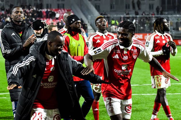FOOTBALL : Stade Brestois 29 vs AS Monaco - Ligue 1 - JournÃ e 15 - 05 12 2025 Joie des joueurs de Brest apres la victoire contre Monaco BrestFrance  Copyright: xBaptistexAutissierx