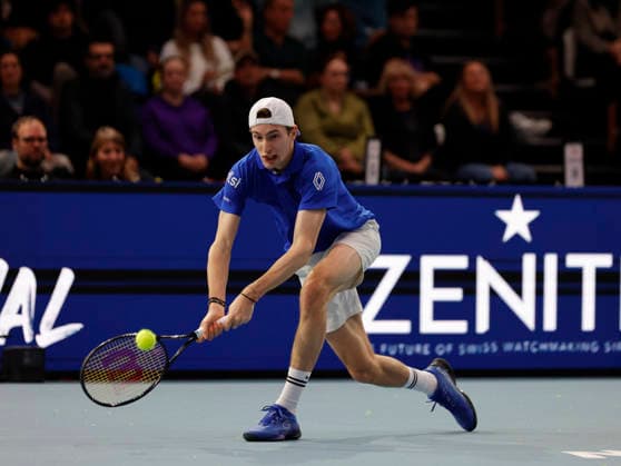 5th December 2025; Copper Box Arena, London, England; Victorian Plumbing UTS London Grand Final Tennis, Day One; Ugo Humert plays a backhand shot against David Goffin  HongboxChen