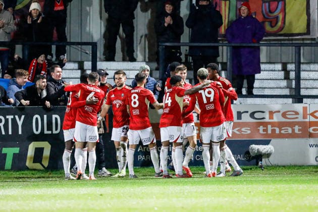 Salford City v Leyton Orient Emirates FA Cup Salford City players celebrate their teams second goal during the Emirates FA Cup match at Peninsula Stadium, Salford 05 12 2025 UK Newspapers OUT Copyright: xMaxxTomlinsonx FIL-22591-0139