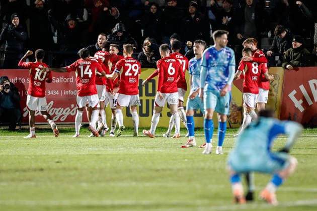Salford City v Leyton Orient Emirates FA Cup Salford City players celebrate their teams third goal during the Emirates FA Cup match at Peninsula Stadium, Salford 05 12 2025 UK Newspapers OUT Copyright: xMaxxTomlinsonx FIL-22591-0140