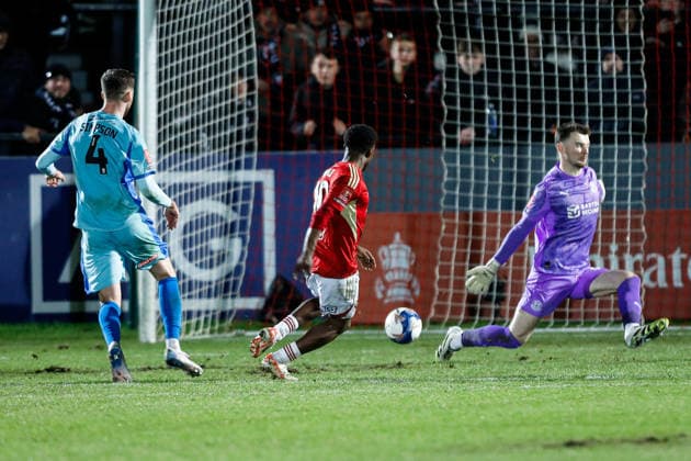 Salford City v Leyton Orient Emirates FA Cup Kelly N Mai of Salford City scores his teams fourth goal during the Emirates FA Cup match at Peninsula Stadium, Salford 05 12 2025 UK Newspapers OUT Copyright: xMaxxTomlinsonx FIL-22591-0142