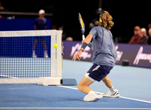 5th December 2025; Copper Box Arena, London, England; Victorian Plumbing UTS London Grand Final Tennis, Day One; Andrey Rublev plays a forehand shot against Tomas Machac  HongboxChen