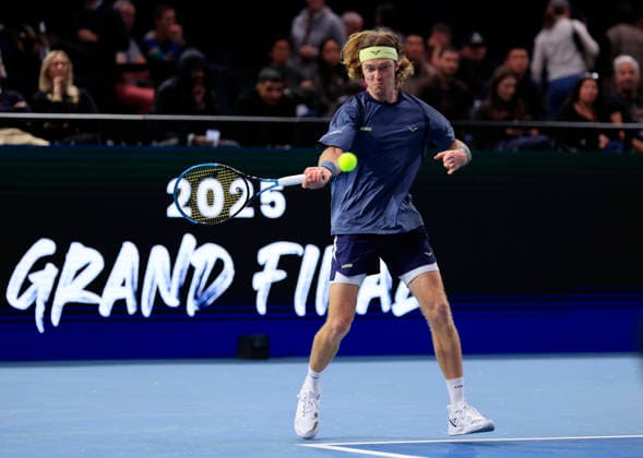 5th December 2025; Copper Box Arena, London, England; Victorian Plumbing UTS London Grand Final Tennis, Day One; Andrey Rublev plays a forehand shot against Tomas Machac  HongboxChen