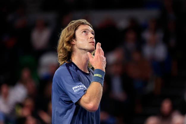 5th December 2025; Copper Box Arena, London, England; Victorian Plumbing UTS London Grand Final Tennis, Day One; Andrey Rublev prays after winning the match against Tomas Machac  HongboxChen
