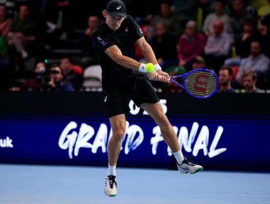 5th December 2025; Copper Box Arena, London, England; Victorian Plumbing UTS London Grand Final Tennis, Day One; Alex de Minaur plays a backhand shot against Adrian Mannarino  HongboxChen