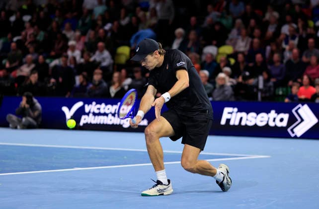5th December 2025; Copper Box Arena, London, England; Victorian Plumbing UTS London Grand Final Tennis, Day One; Alex de Minaur plays a backhand shot against Adrian Mannarino  HongboxChen