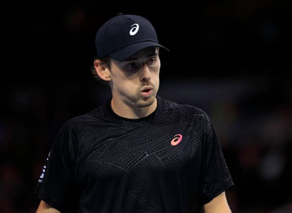 5th December 2025; Copper Box Arena, London, England; Victorian Plumbing UTS London Grand Final Tennis, Day One; Alex de Minaur takes a deep breath in the match against Adrian Mannarino  HongboxChen