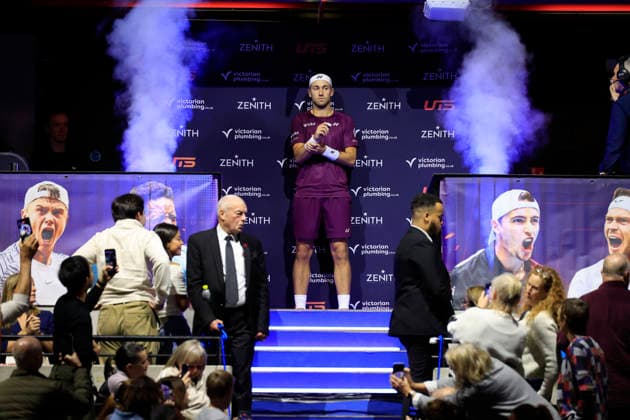 5th December 2025; Copper Box Arena, London, England; Victorian Plumbing UTS London Grand Final Tennis, Day One; Casper Ruud walks into the court before the match against Francisco Cerundolo  HongboxChen