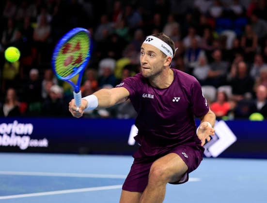 5th December 2025; Copper Box Arena, London, England; Victorian Plumbing UTS London Grand Final Tennis, Day One; Casper Ruud plays a backhand against Francisco Cerundolo  HongboxChen