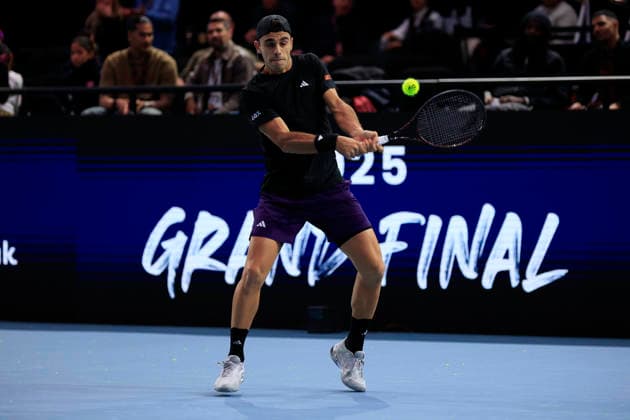 5th December 2025; Copper Box Arena, London, England; Victorian Plumbing UTS London Grand Final Tennis, Day One; Francisco Cerundolo plays a backhand shot against Casper Ruud  HongboxChen