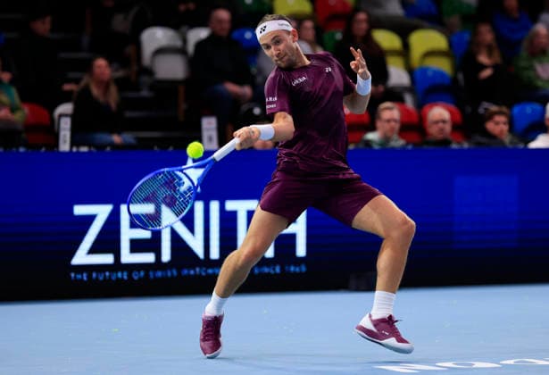 5th December 2025; Copper Box Arena, London, England; Victorian Plumbing UTS London Grand Final Tennis, Day One; Casper Ruud plays a forehand shot against Francisco Cerundolo  HongboxChen