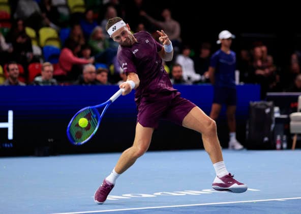 5th December 2025; Copper Box Arena, London, England; Victorian Plumbing UTS London Grand Final Tennis, Day One; Casper Ruud plays a forehand against Francisco Cerundolo  HongboxChen