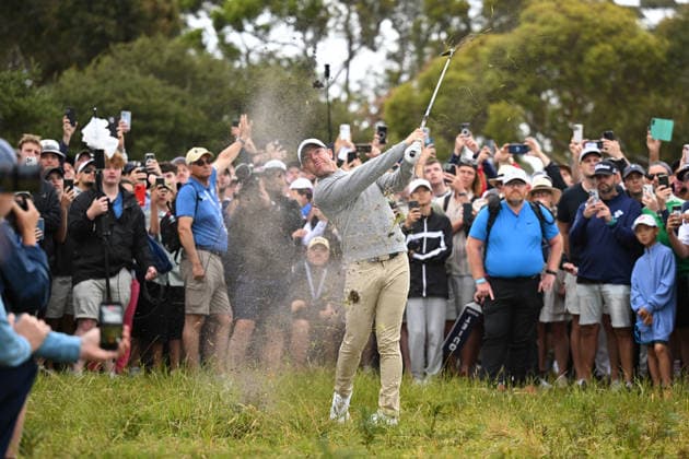 GOLF AUSTRALIAN OPEN, Northern Ireland s Rory McIlroy plays a shot out of the rough on the second hole during round three of the Australian Open Golf tournament at the Royal Melbourne Golf Club in Melbourne, Saturday, December 6, 2025. ( NO ARCHIVING, EDITORIAL USE ONLY MELBOURNE VICTORIA AUSTRALIA  Copyright: xJAMESxROSSx 20251206110570461848