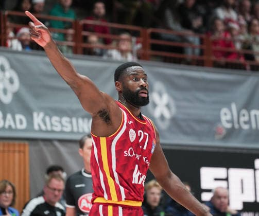 In the picture Eddy Edigin Wuerzburg Baskets, 27 is surprised 05 12 2025, Basketball, Fitness First Wuerzburg Baskets vs EWE Baskets Oldenburg, easyCredit BBL, 9 Matchday, Germany, Wuerzburg, tectake Arena, Copyright: HMBxMedia xPeterxRau