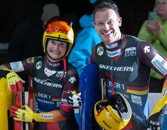 WINTERBERG, GERMANY - DECEMBER 05: Taubitz, Julia (GER1) and Loch, Felix (GER1) on day 1 of the Eberspächer FIL Luge World Cup 2025 2026 Winterberg 05.12.2025 after winning the silver medal in the mixed singles competition at Veltins Ice Arena of Winterberg on 05.12.2025 in Northrhine-Westphalia Germany. Photo Oliver Kremer Beautiful Sports. Northrhine-Westphalia Germany Copyright: xBEAUTIFULxSPORTS OliverxKremerx