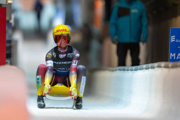 WINTERBERG, GERMANY - DECEMBER 05: Taubitz, Julia (GER1) on day 1 of the Eberspächer FIL Luge World Cup 2025 2026 after winning the silver medal in the mixed singles competition at Veltins Ice Arena of Winterberg on 05.12.2025 in Northrhine-Westphalia Germany. Photo Oliver Kremer Beautiful Sports. Northrhine-Westphalia Germany Copyright: xBEAUTIFULxSPORTS OliverxKremerx