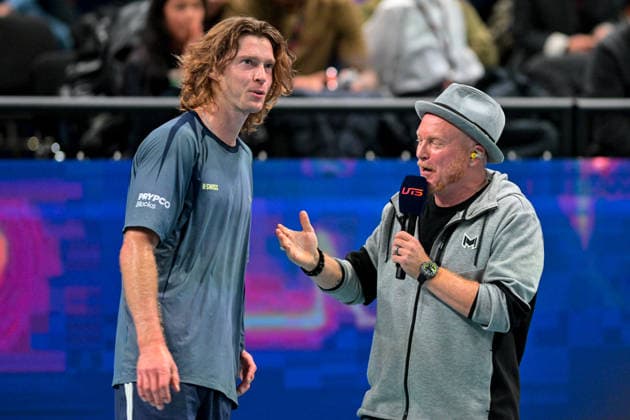RUBLO Andrey Rublev (seeded 4) being interviewed on court after his win against THE AIR MACHETE Tomas Machac takes on during the UTS London Grand Final 2025 at the Copper Box Arena, London, United Kingdom on 5 December 2025. Copyright: xPhilxHutchinsonx 44340060