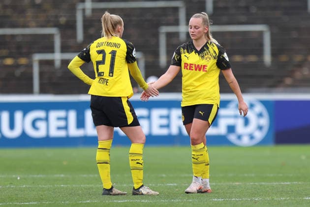 06 12 2025, Soccer, Women, RL West, Season 2025 2026, Borussia Dortmund vs 1 FC Koeln U21 at Stadion Rote Erde in Dortmund Germany Frederike Kempe Borussia Dortmund, 21 and Celina Baum Borussia Dortmund, 18 after the match Dortmund Stadion Rote Erde Nordrhein Westfalen Germany FZ