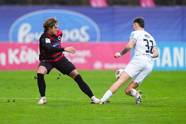 06 12 2025, xydrx, Fußball, 3 Liga, FC Viktoria Köln SSV Ulm 1846, Saison 2025 2026, Sportpark Höhenberg Tobias Eisenhuth FC Viktoria Köln 6 im Zweikampf gegen Niklas Koelle SSV Ulm 1846 32 DFB regulations prohibit any use of photographs as image sequences and or quasi video Photo xYannisxDreimannxPressefotoKochx Nordrhein Westfahlen Germany