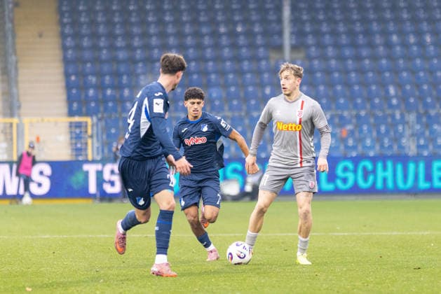 06 12 2025, Soccer, GER, Season, 3 Liga, Season 2025 2026, Matchday 17, TSG Hoffenheim II SSV Jahn Regensburg Ayoube Amaimouni Echghouyab vs Noel Eichinger Regensburg DFL REGULATIONS PROHIBIT ANY USE OF PHOTOGRAPHS AS IMAGE SEQUENCES AND OR QUASI VIDEO