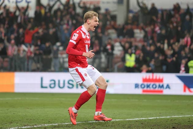 25 Ted Tattermusch Energie Cottbus celebrates the 3 2 winning goal, Cottbuser Torjubel Football 3 Liga 2025 2026 FC Energie Cottbus MSV Duisburg