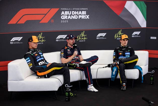 F1 - ABU DHABI GRAND PRIX 2025 VERSTAPPEN Max (ned), Red Bull Racing RB21, portrait NORRIS Lando (gbr), McLaren F1 Team MCL39, portrait PIASTRI Oscar (aus), McLaren F1 Team MCL39, portrait press conference, PK, Pressekonferenz during the 2025 Formula 1 Abu Dhabi Grand Prix, 24th round of the 2025 FIA Formula One World Championship, WM, Weltmeisterschaft from December 05 to 07, 2025 on the Yas Marina Circuit, in Abu Dhabi, United Arab Emirates - Abu DhabiUnited Arab Emirates Copyright: xXavixBonillax