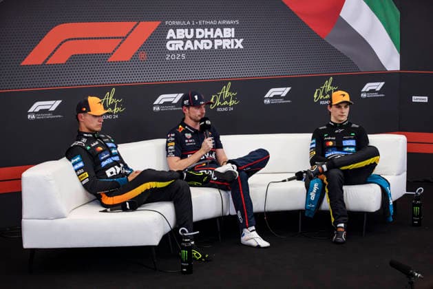 F1 - ABU DHABI GRAND PRIX 2025 NORRIS Lando (gbr), McLaren F1 Team MCL39, portrait VERSTAPPEN Max (ned), Red Bull Racing RB21, portrait PIASTRI Oscar (aus), McLaren F1 Team MCL39, portrait press conference, PK, Pressekonferenz during the 2025 Formula 1 Abu Dhabi Grand Prix, 24th round of the 2025 FIA Formula One World Championship, WM, Weltmeisterschaft from December 05 to 07, 2025 on the Yas Marina Circuit, in Abu Dhabi, United Arab Emirates - Abu DhabiUnited Arab Emirates Copyright: xXavixBonillax