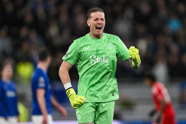 Liverpool, England, 6th December 2025. Jordan Pickford of Everton celebrates his side goal to make it 2-0 during the Everton vs Nottingham Forest Premier League match at Hill Dickinson Stadium, Liverpool. Picture credit should read: Craig Thomas Sportimage EDITORIAL USE ONLY. No use with unauthorised audio, video, data, fixture lists, club league logos or live services. Online in-match use limited to 120 images, no video emulation. No use in betting, games or single club league player publications. SPI_037_CT_EVERTON_V_NOTTINGHAM_FOREST SPI-4353-0037