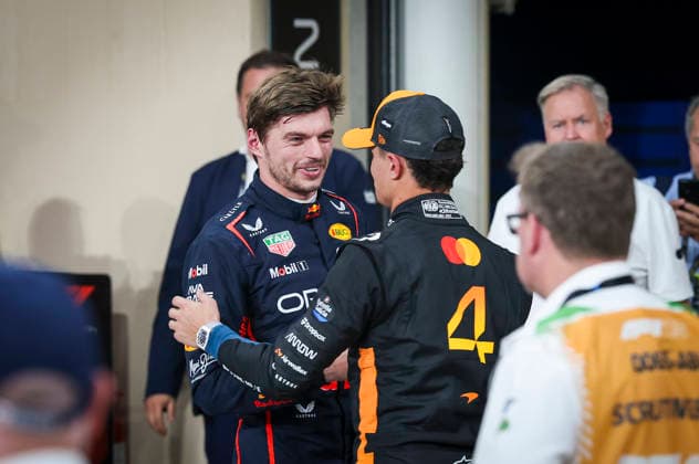 FORMULA ONE ABU DHABI GRAND PRIX 2025 Max Verstappen 1 (NED), Oracle Red Bull Racing RB21 celebrates pole position, Lando Norris 4 (GBR), McLaren MCL39 congratulates him during the Formula One Etihad Airways Abu Dhabi Grand Prix 2025 Qualifying at the Yas Marina Circuit, Yas Island, United Arab Emirates on 6 December 2025 Credit: Phil Duncan Every Second Media Editorial use only. All images are copyright Every Second Media Limited. No images may be reproduced without prior permission. Copyright: xIMAGO EveryxSecondxMediax ESM-1693-0019 PhilxDuncanx xEveryxSecondxMediax