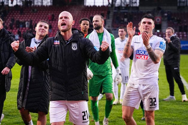 06 12 2025, xydrx, Football, 3 Liga, FC Viktoria Köln SSV Ulm 1846, Saison 2025 2026, Sportpark Höhenberg Marcel Seegert SSV Ulm 1846 21 Niklas Koelle SSV Ulm 1846 32 celebrate the 1 0 victory DFB regulations prohibit any use of photographs as image sequences and or quasi video Photo xYannisxDreimannxPressefotoKochx Nordrhein Westfahlen Germany