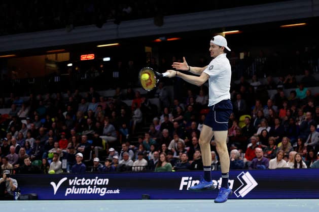 6th December 2025; Copper Box Arena, London, England; Victorian Plumbing UTS London Grand Final Tennis, Day Two; Ugo Humert plays a forehand shot against Francisco Cerundolo  HongboxChen