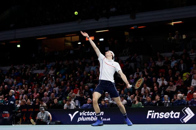 6th December 2025; Copper Box Arena, London, England; Victorian Plumbing UTS London Grand Final Tennis, Day Two; Ugo Humert serves to Francisco Cerundolo  HongboxChen
