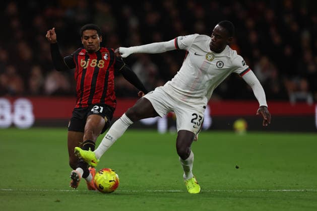 Football - 2025 2026 Premier League - AFC Bournemouth vs Chelsea - Vitality Stadium - Saturday 6th December 2025 Trevoh Chalobah of Chelsea tackles Amine Adli of Bournemouth during the Premier League match at the Vitality Stadium COLORSPORT Shaun Boggust 