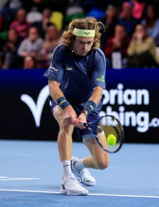 6th December 2025; Copper Box Arena, London, England; Victorian Plumbing UTS London Grand Final Tennis, Day Two; Andrey Rublev plays a backhand shot against Alex de Minaur  HongboxChen