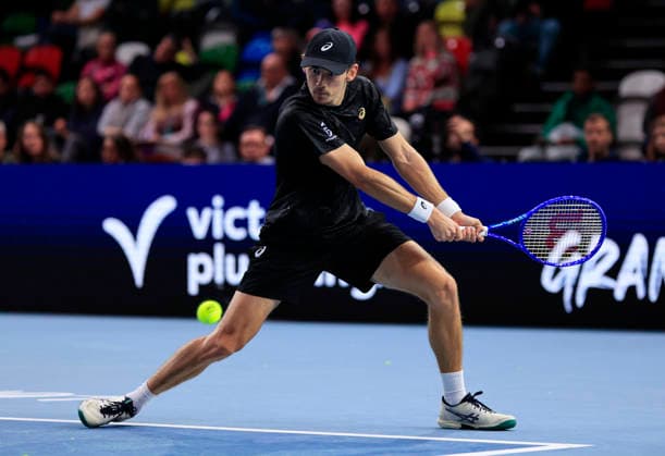 6th December 2025; Copper Box Arena, London, England; Victorian Plumbing UTS London Grand Final Tennis, Day Two; Alex de Minaur plays a backhand shot against Andrey Rublev  HongboxChen