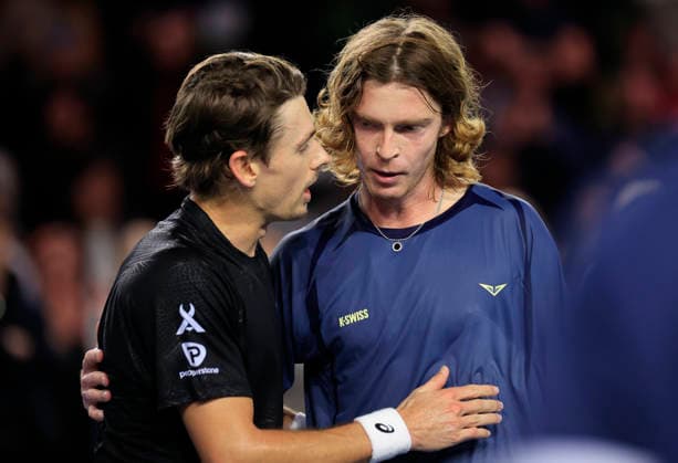6th December 2025; Copper Box Arena, London, England; Victorian Plumbing UTS London Grand Final Tennis, Day Two; Andrey Rublev speaks to Alex de Minaur after the match  HongboxChen