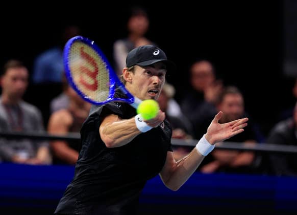 6th December 2025; Copper Box Arena, London, England; Victorian Plumbing UTS London Grand Final Tennis, Day Two; Alex de Minaur plays a forehand shot against Andrey Rublev  HongboxChen