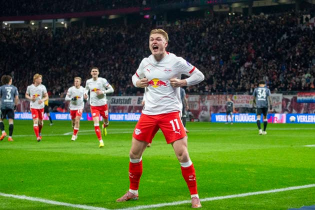GER, Leipzig, Soccer, DFL Bundesliga, Matchday 13, RB Leipzig vs Eintracht Frankfurt in the picture from l Conrad Harder RB Leipzig 11 , Goal celebration, 06 12 2025, Red Bull Arena Leipzig DFL DFB REGULATIONS PROHIBIT ANY USE OF PHOTOGRAPHS AS IMAGE SEQUENCES AND OR QUASI VIDEO, Copyright: HMBxMedia PaulxFritz