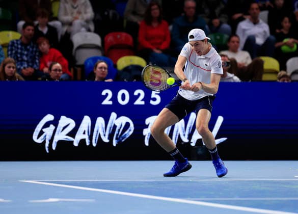 6th December 2025; Copper Box Arena, London, England; Victorian Plumbing UTS London Grand Final Tennis, Day Two; Ugo Humert plays a backhand shot against Francisco Cerundolo  HongboxChen