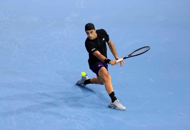 6th December 2025; Copper Box Arena, London, England; Victorian Plumbing UTS London Grand Final Tennis, Day Two; Francisco Cerundolo plays a backhand shot against Ugo Humert  HongboxChen