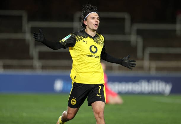 Saturday 06 12 2025, Season 2025 26, Regionalliga West, Matchday 18 at Stadion Rote Erde Dortmund, BVB Borussia Dortmund II SC Paderborn U23, Dortmund goal celebration for 1 0 Babis Charalampos Drakas BVB II