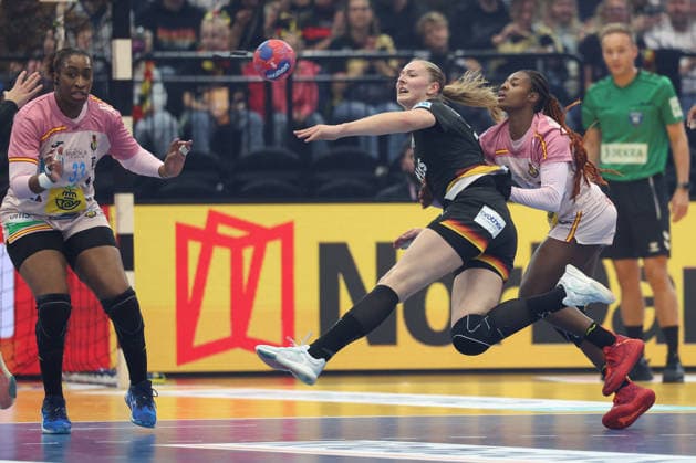 Spain Germany, IHF Womens Handball World Championship Viola Leuchter Germany, 77 vs Lyndie Tchaptchet Defo Spain, 68 Left Kaba Gassama Spain, 33 3 Main round match of the Womens Handball World Championship between Spain and Germany on December 6, 2025 at the Westfalenhalle in Dortmund , Dortmund Nordrhein Westfalen Germany Westfalenhalle