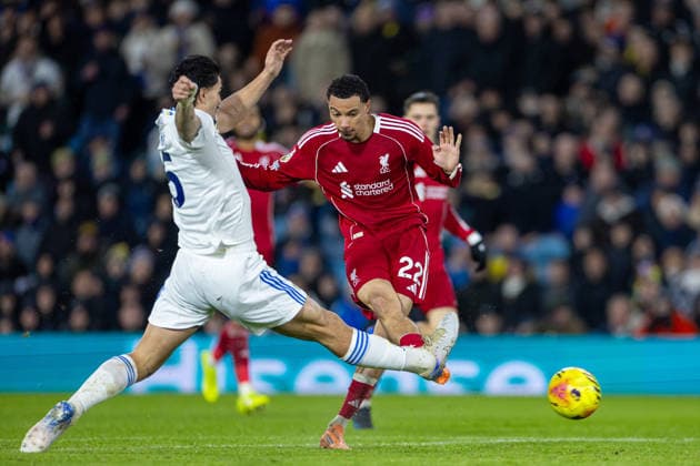 Football - FA Premier League - Leeds United FC v Liverpool FC LEEDS, ENGLAND - Saturday, December 6, 2025: Liverpool s scores the first goal during the FA Premier League match between Leeds United FC and Liverpool FC at Elland Road. (Photo by David Rawcliffe Propaganda) LEEDS Elland Road YORKSHIRE ENGLAND  Copyright: xDavidxRawcliffex P2025-12-06-Leeds_Liverpool-97