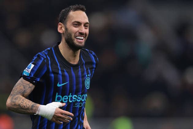 Milan, Italy, 6th December 2025. Hakan Calhanoglu of FC Internazionale celebrates after scoring to give the hosts a 3-0 lead during the Internazionale vs Como 1907 Serie A match at Giuseppe Meazza, Milan. Picture credit should read: Jonathan Moscrop Sportimage EDITORIAL USE ONLY. No use with unauthorised audio, video, data, fixture lists, club league logos or live services. Online in-match use limited to 120 images, no video emulation. No use in betting, games or single club league player publications. SPI_089_JM_INTER_COMO SPI-4322-0089
