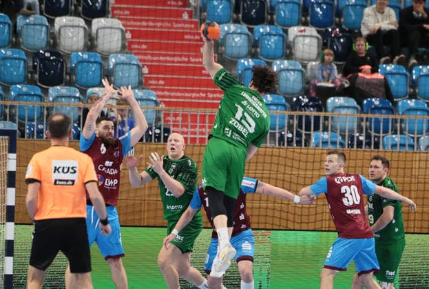 GER HBL2 Season 2025 2026 VfL Potsdam vs EULEN Ludwigshafen, 06 12 25, MBS Arena, Potsdam Markus MAHR 1 VfL Potsdam 6 , Frederic STÜBER Eulen Ludwigshafen 2 , Rene ZOBEL Eulen Ludwigshafen 13 , Marco MENGON 1 VfL Potsdam 30