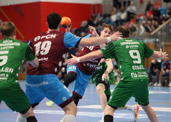 GER HBL2 Season 2025 2026 VfL Potsdam vs EULEN Ludwigshafen, 06 12 25, MBS Arena, Potsdam Tim SCHALLER Eulen Ludwigshafen 6 , Gabriele SONTACCI 1 VfL Potsdam 19 , Marvin KIX 1 VfL Potsdam 28 , Marc Robin EISEL Eulen Ludwigshafen 9